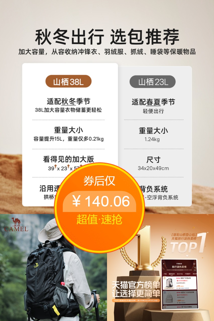  优质素材：骆驼户外登山包大容量旅行双肩包 福利价仅140.06元秒杀！