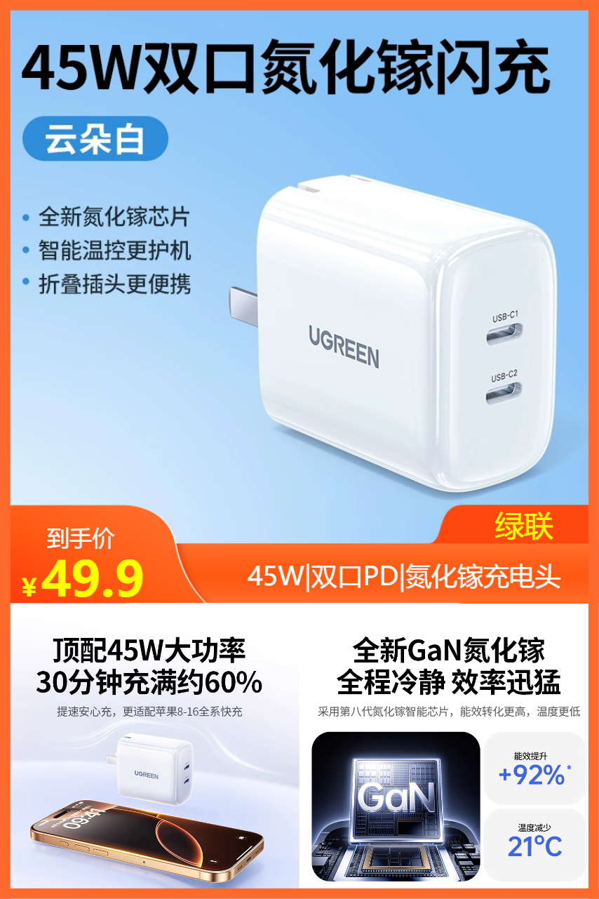 双11现货：绿联闪充40W/45W|双口PD|氮化镓快充充电头 福利价仅49.9元秒杀！
