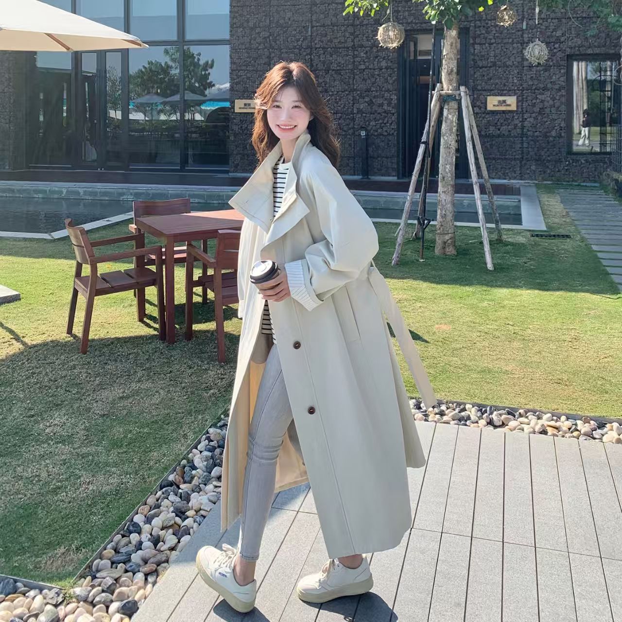 长款韩风风衣外套秋冬撞色大衣 券后【79.9元】包邮秒杀