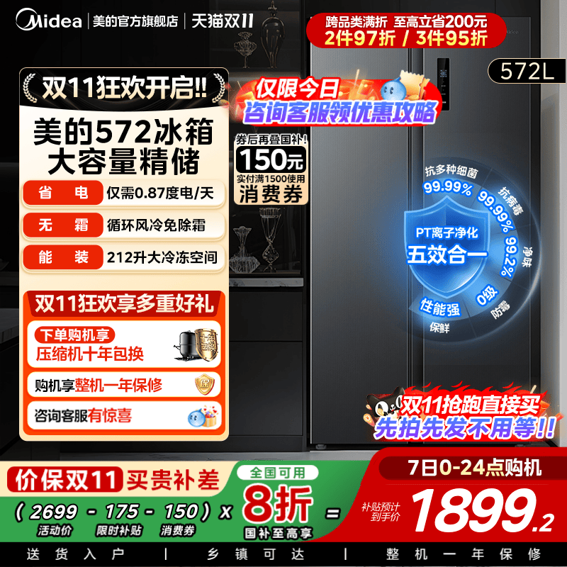 热销爆品：美的572L对开双门大容量一级节能风冷无霜冰箱 福利价仅1899.2元秒杀！
